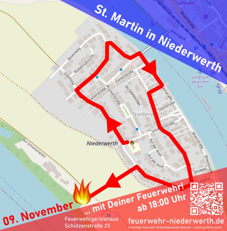 Der Umzug startet um 18.00 Uhr und geht dieses Jahr von der Grundschule in die Straße „Am Stiel“. In der Stillshöhe biegen wir dann nach rechts in die Landrat-Jost-Straße ab und ziehen weiter in die Burg. Dieser und der Rheinstraße folgen wir bis zur Schlossstraße und marschieren anschließend links weiter durch die Hochstraße, um folgend rechts in die Straße „Im Kloster“ abzubiegen. Am Ende angekommen, wenden wir uns in die Vogteistraße und biegen ab zum großen St. Martins Feuer auf dem Schützenplatz.